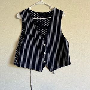 Handmade reversible Three Button Vest navy blue and white polka dots & stripes